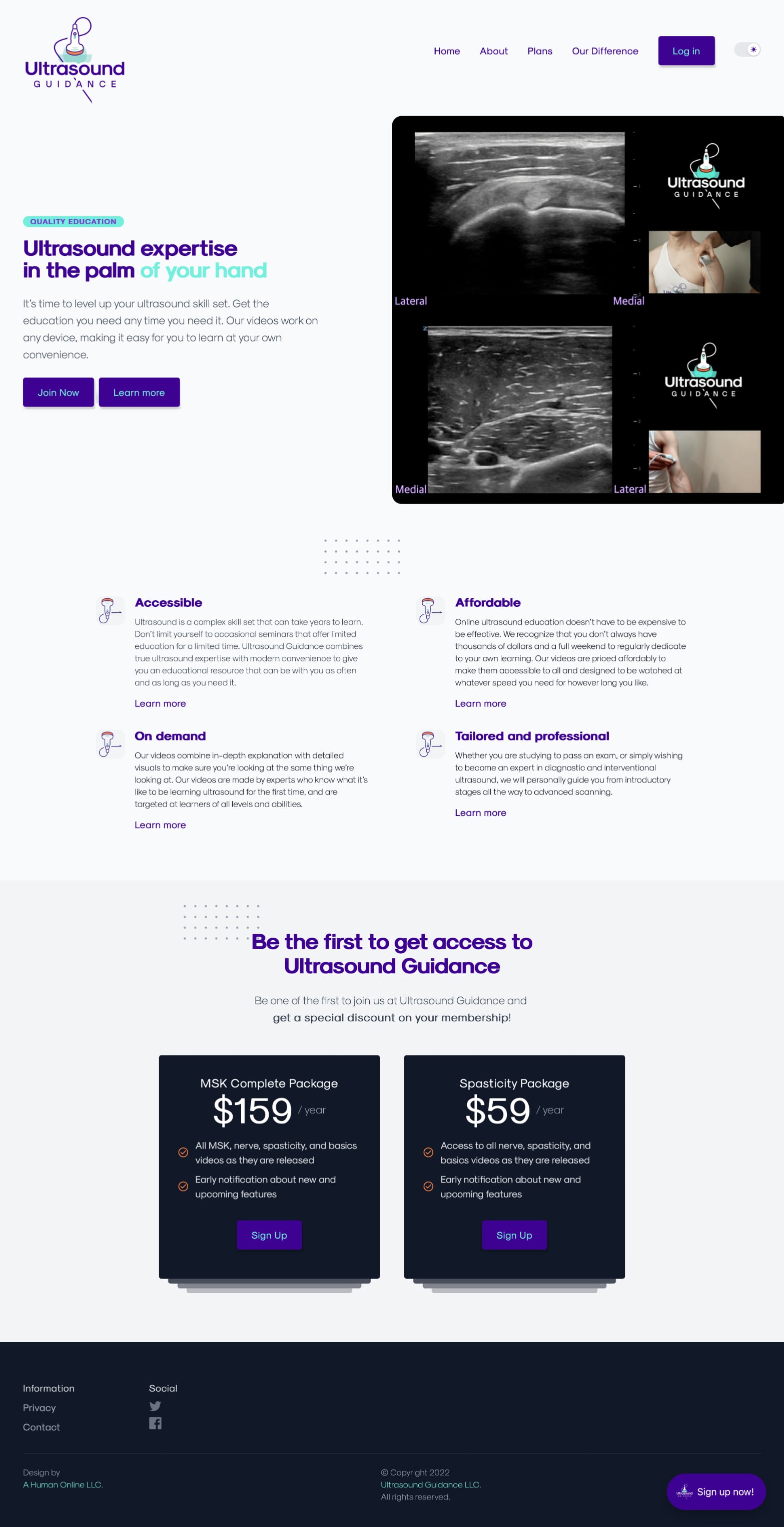 Screenshot of Ultrasound Guidance website showing hero image and description